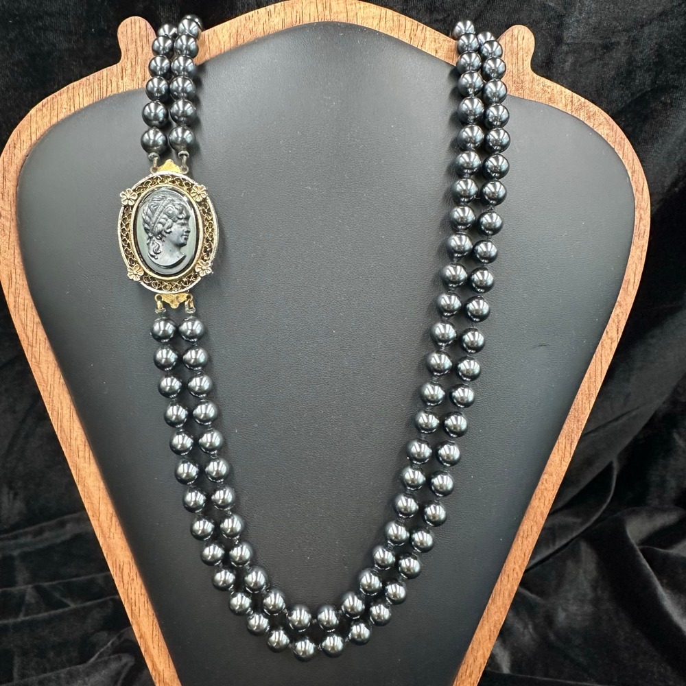 Double Strand Gunmetal Glass Pearl Necklace Black Cameo‎ Filigree Vintage Gothic